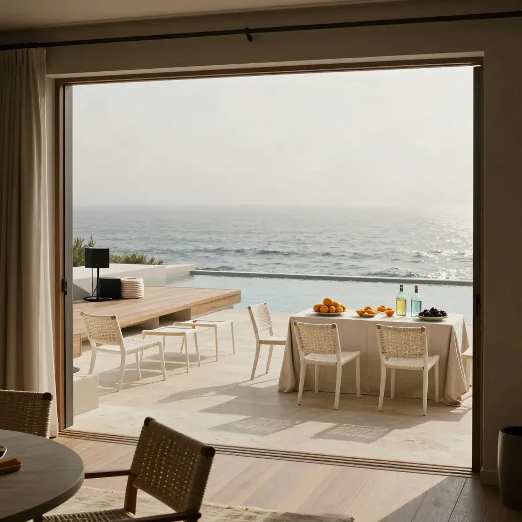 Ocean-view retreat room set with chairs, lunch sideboard, and stage riser by a terrace.