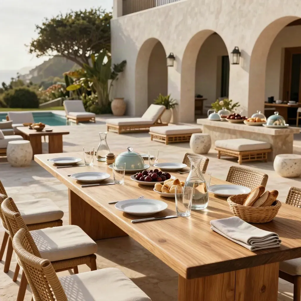 Courtyard retreat breakfast and lunch setup with lounge seating in warm coastal light.
