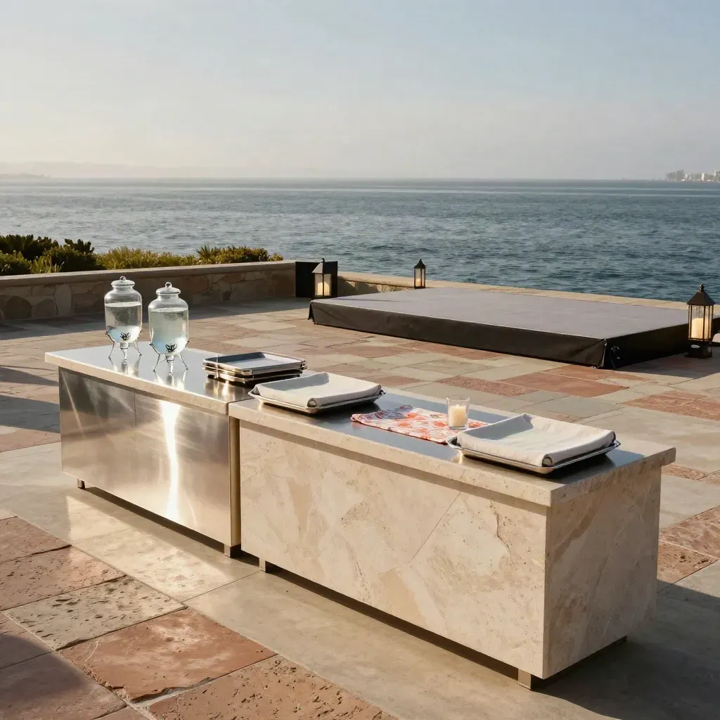 Harbor-side terrace with catering stations, stage platform, and glowing path lights.