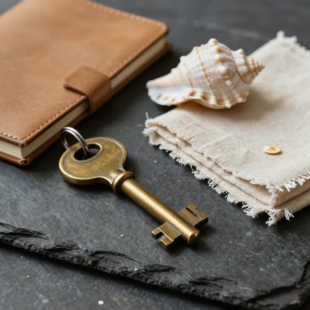 Brass key, leather notebook, shell sample, and linen swatches on dark slate