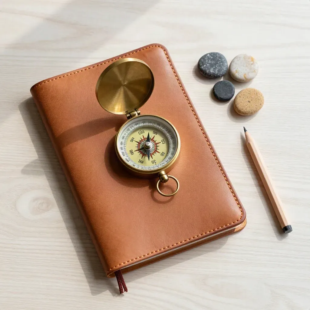 Closed leather notebook, brass compass, stone tokens, and a pencil on pale oak, top-down