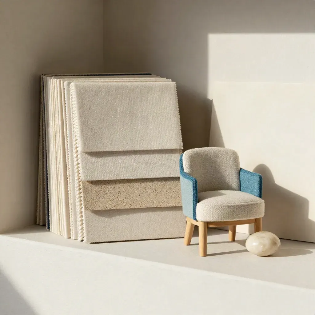 Material swatches, miniature chair sample and stone chip on a plaster shelf in soft daylight.