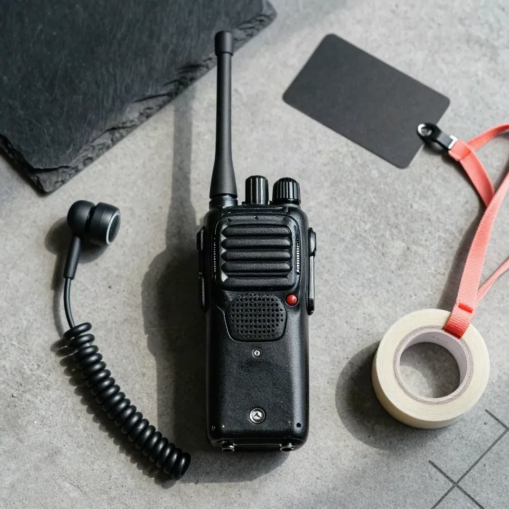 Overhead flatlay of a radio, earpiece, lanyard, and tape on concrete