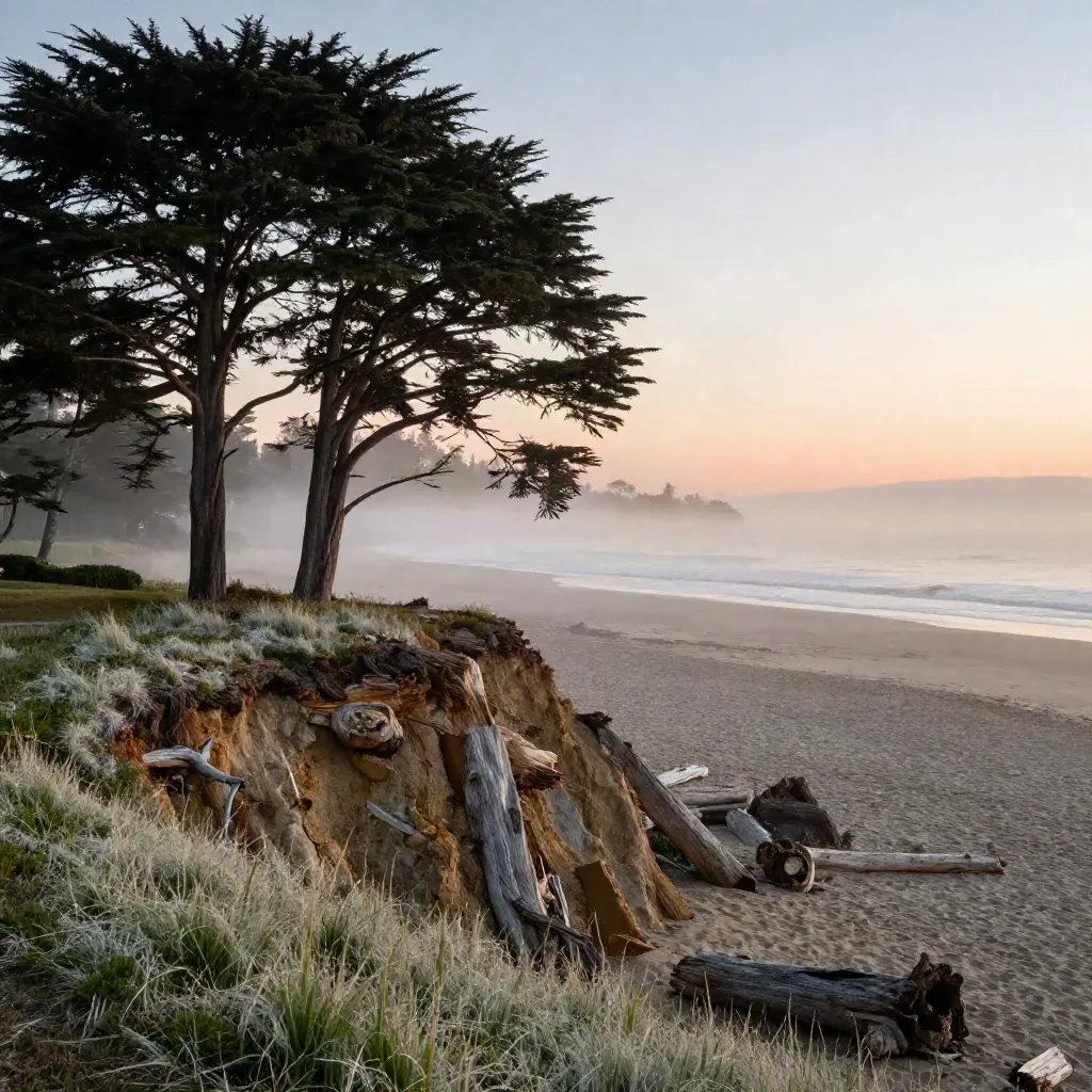 Foggy Monterey cypress bluff above pale sand at sunrise, calm coastal meeting backdrop.